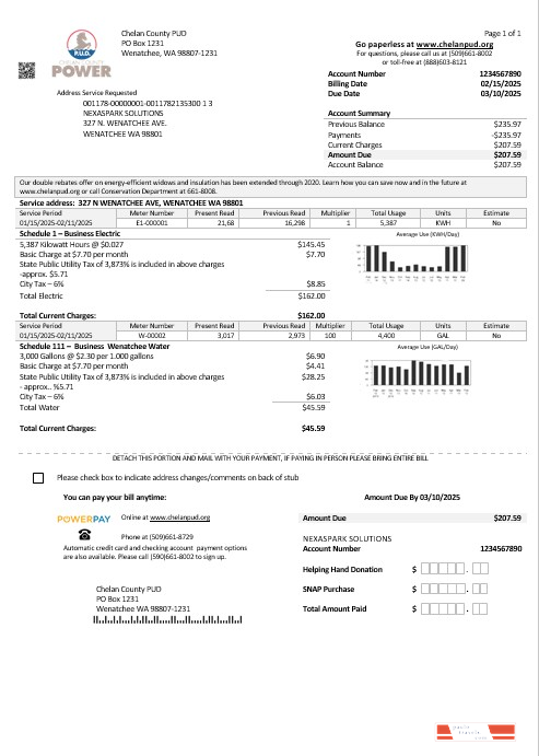 USA Washington Chelan County PUD business utility bill template in Word and PDF formats